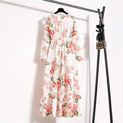 Women Floral Printed Maxi Dresses Spring Summer Casual O Neck Full Sleeve High Waist A Line Boho Beach Party Long Dress Vestidos