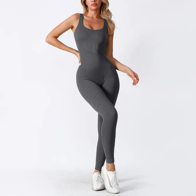 Women's jumpsuit yoga ribbed bodysuit seamless square neck leggings for sports and fitness.