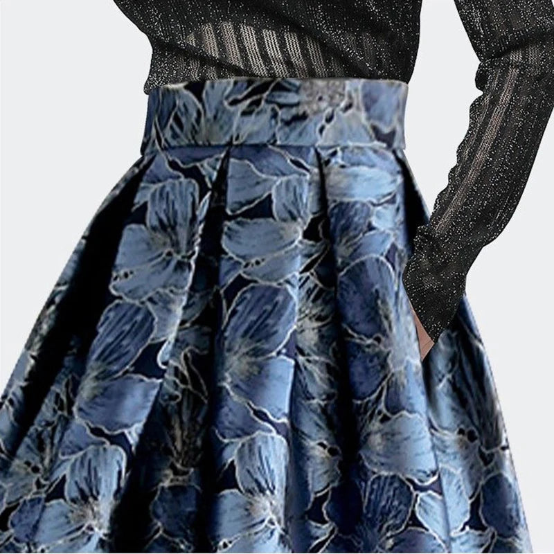 Blue Floral Print Vintage High Waist Ball Gown A-line Loose Women's Skirt Knee-Length Long Skirts For Women Clothing Fashion.