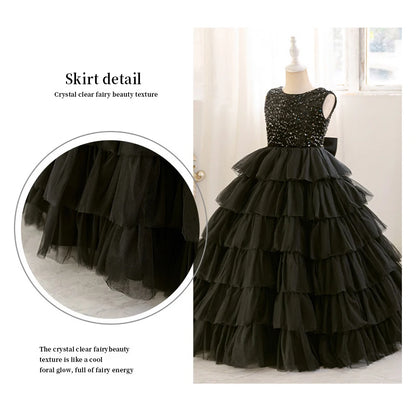 Mode Pailletten Mädchen Prinzessin Kleid Geburtstag Party Mädchen Layered Schwarz Hochzeit Kleid Für Kinder Elegante Klavier Leistung Kleid.