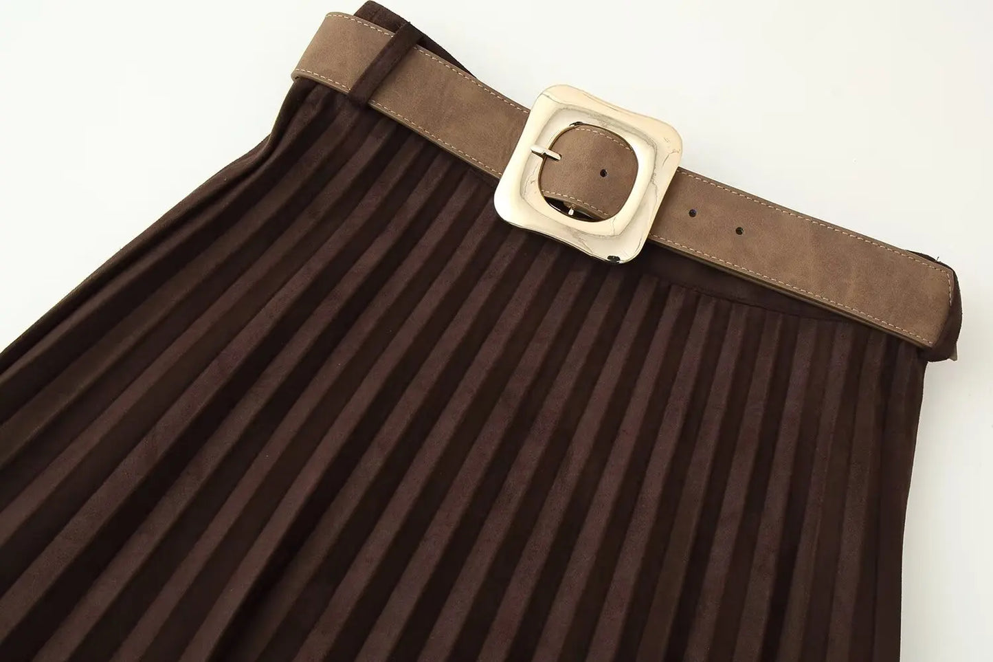 European and American style autumn new fashion trend casual simple women's matching belt suede effect pleated midi skirt.