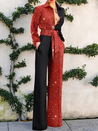 Women Single Breasted Button Overall Pants Jumpsuit High Waist Sashes Turn Down Neck Jumpsuits Colorblock Patchwork.