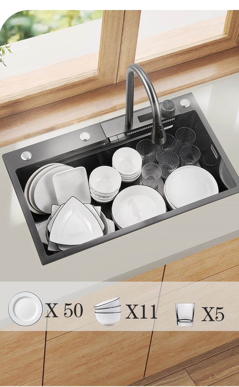 YCRAYS Digital Display Nano Kitchen Sink Large Single Bowl SUS304 Waterfall Faucet Cup Washer Purified Tap Soap Dispenser