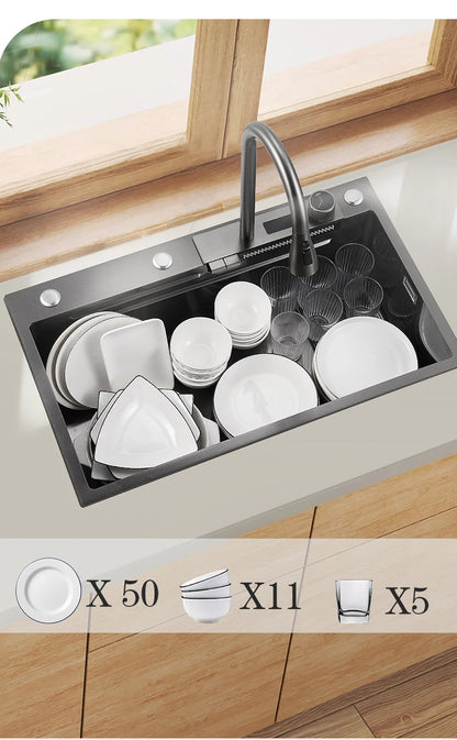 YCRAYS Digital Display Nano Kitchen Sink Large Single Bowl SUS304 Waterfall Faucet Cup Washer Purified Tap Soap Dispenser