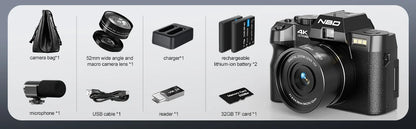 NBD 4K Digital Cameras for Photography,48MP Camera,Travel Vlogging Cameras with 16X Digital Zoom,180°Flip Screen,52mm Macro Lens.