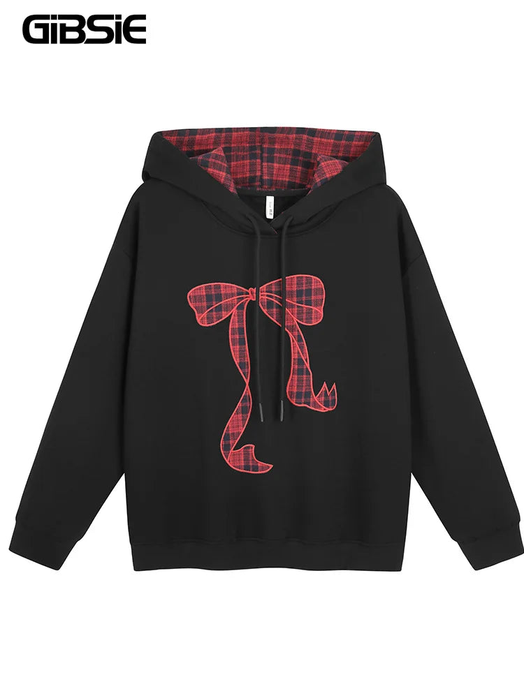 GIBSIE Plus Size Bow bestickter lockerer Hoodie Damen Herbst und Winter koreanische Kapuzen-Fleece-verdickte Pullover-Sweatshirts.