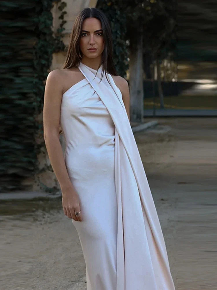 Band hängenden Hals lange Kleider schräg Schulter schnüren rücken frei seidig Satin Temperament Slim Fit Neck holder Frau Fischschwanz Kleid.