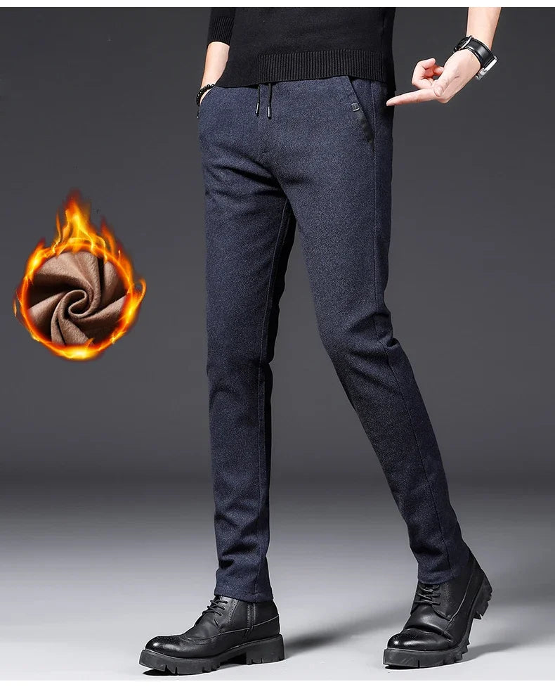 Winter Plush Trousers Men Business Fleece Pants Fashion Warm Drawstring Velvet Thick Casual Stretch Male Clothes 28-29