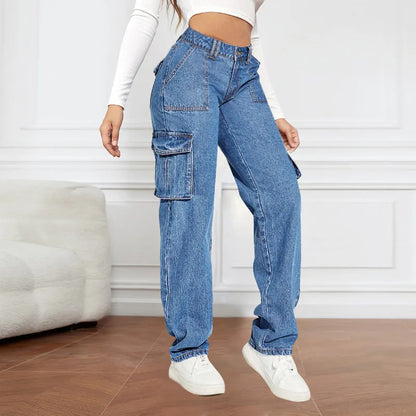 Street Style Casual Wide Leg Jeans Multiple Pockets High Waist Straight Cut Non-Stretch Denim for Women Trendy Autumn 2025.