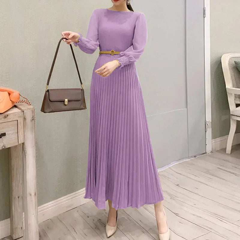 ZANZEA Elegantes Damen-Plisseekleid, edel, gesmokte Bündchen, langärmelig, O-Ausschnitt, Fit und Flare, lang, Vestidos, Pendeln, solide Party-Roben.