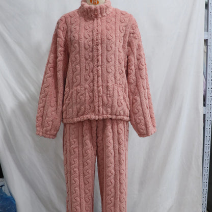 Thick Coral Fleece Pajamas Suit Women Long Sleeve Zip Top Pants Winter Autumn Warm Sleepwear Nightwear with Pocket Pjs.