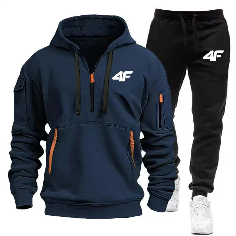 Autumn and winter casual jogging sportswear with zipper hood and multiple pockets, 2-piece set, large-sized S-3XL men's suit.