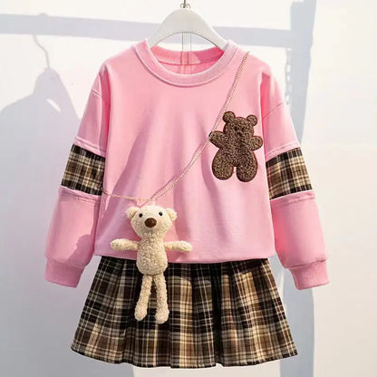 3-14 Years Teenager Girls Outfits Cute Bear Sweatshirt + Plaid Skirt 2Pcs Suit For Girls Birthday Present Children Clothing Sets.
