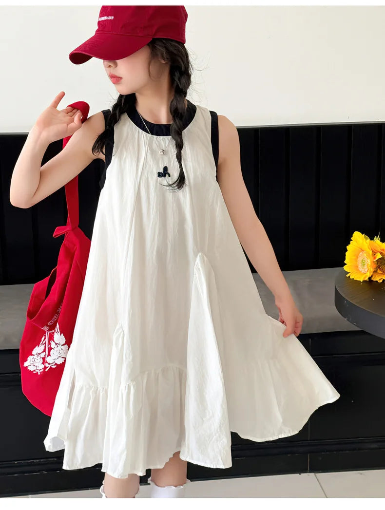 Neues Sommer-Mädchen-Prinzessinnenkleid für Kinder, ärmelloses Kleid mit Rüschen, Design-Kleider für Teenager, Kinder, lässiges Urlaubs-Strandkleid.