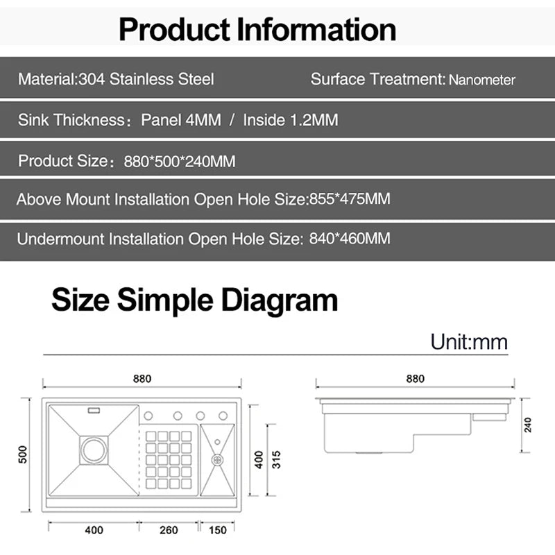 ASRAS Nanometer Black Flip Cover Hidden kitchen Sink 304 Stainless Steel 4mm Thickness Handmade Stepped Sinks Cup Rinser Sinks