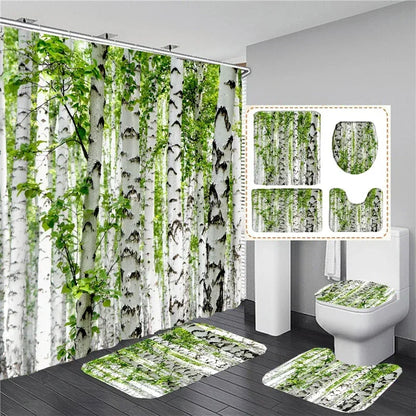 Wasserdichtes Duschvorhang-Set mit sonniger Waldlandschaft, wasserdichter Badezimmer-Toilettensitzbezug, Badewanne, rutschfeste Matte, Teppich, Baddekoration