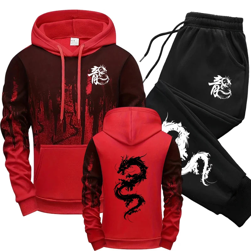 Chinese Dragon Tracksuit Hooded Sweatshirt Sweatpants City Vibe Hoodie 2 Piece Set Autumn Winter Men's Daily Casual Sport Outfit.