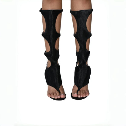 2025 New Luxury Women's Knee-High Boots | Real Horsehair Cut-Out Stiletto Heel & Rear Zipper | Evening Party Club Dress Shoes.