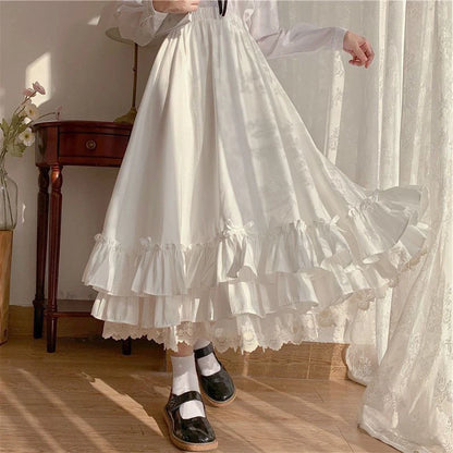 Fashion Sweet Midi Skirt Women Lace Patchwork Bow Preppy Fall Loose Casual Skirts Japanses Ruffle High Waist Solid Chic Skirt.