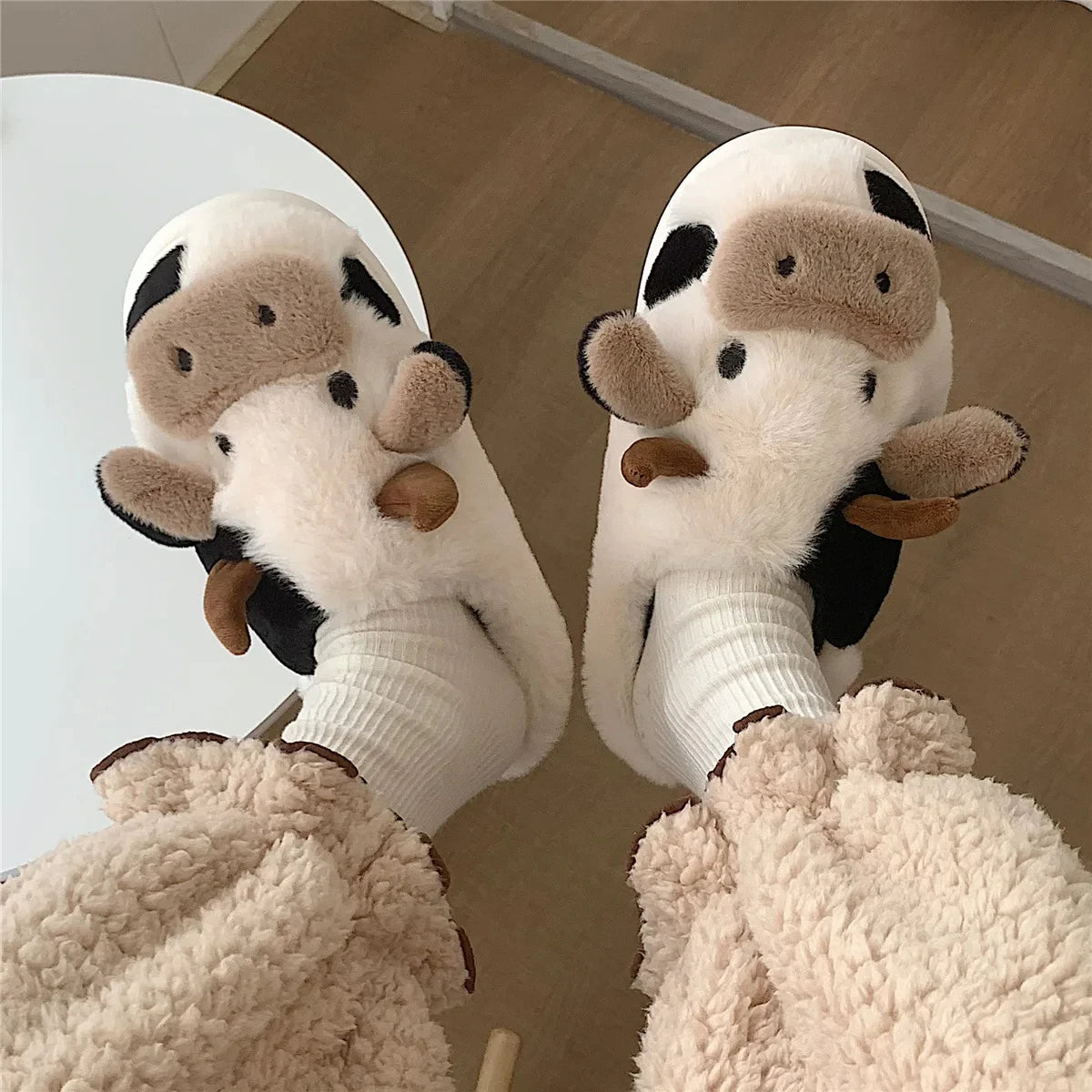 Shevalues Plush Cartoon Milk Cow Slippers Winter Women Slippers Furry Non-Slips Women Cotton Slides Couples Soft Cozy Flat Shoes.