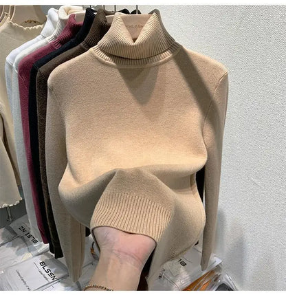 2025 neue Verdicken Hohe Kragen Pullover frauen Pullover Top Winter Warme und Weiche Einfarbig Inneren Tragen Bodenbildung Shirt
