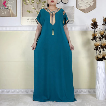 2025 Muslim Caftan Short Sleeve Dress Solid Cotton Summer Abaya African Traditional Dresses Islam for Women Casual Clothing.