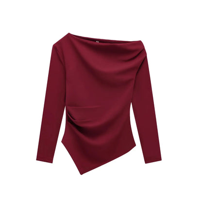 HH Spring Woman Fashion Pleated Decoration Casual Slim Elasticity Top Women Solid 5-Color Asymmetrical Slant Collar Tops