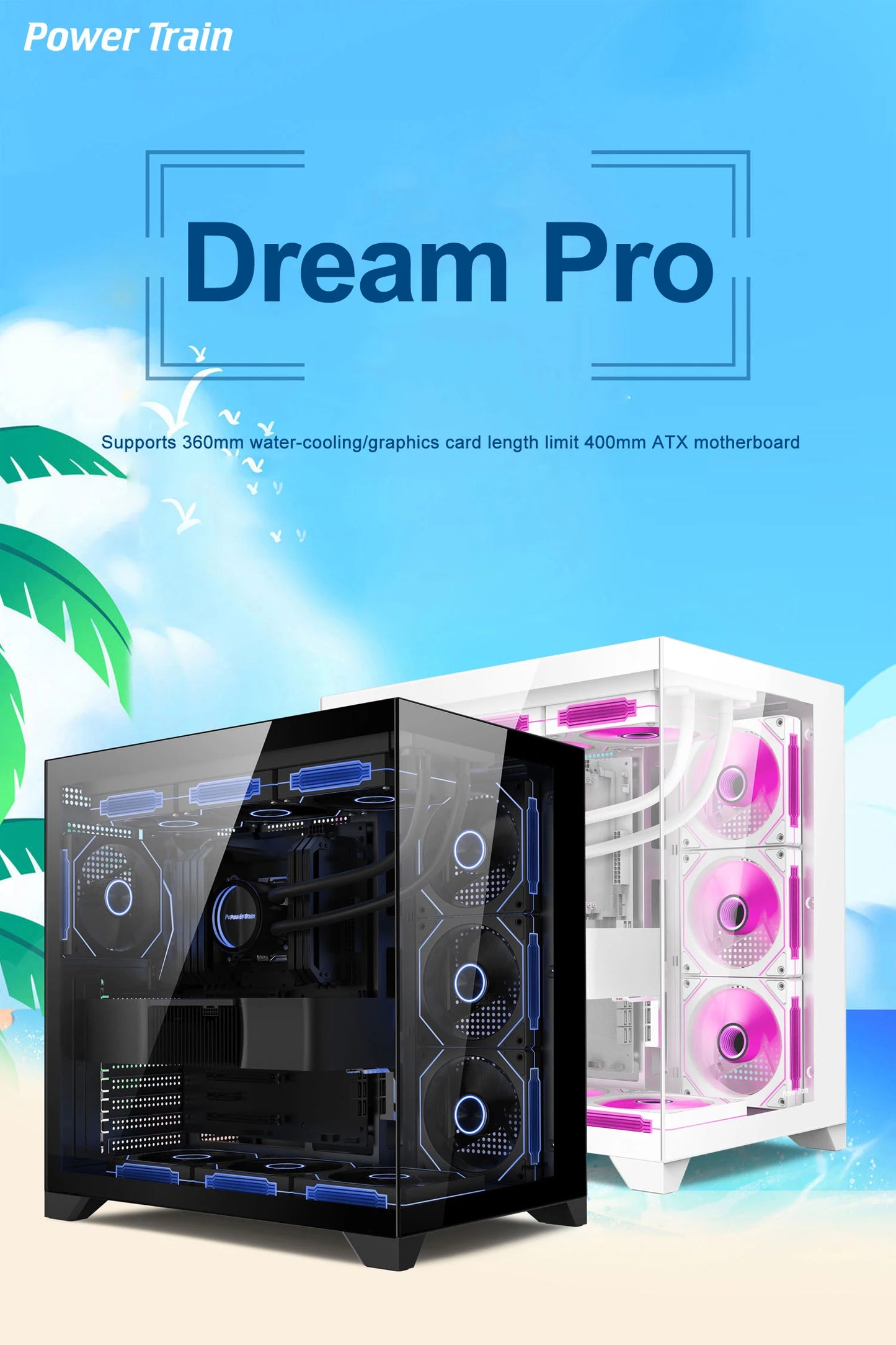 Power Train Dream PRO Seaview Room Chassis ATX Desktop MATX Glass Side Transparent 360 Water Cooled Game Console Computer Case.