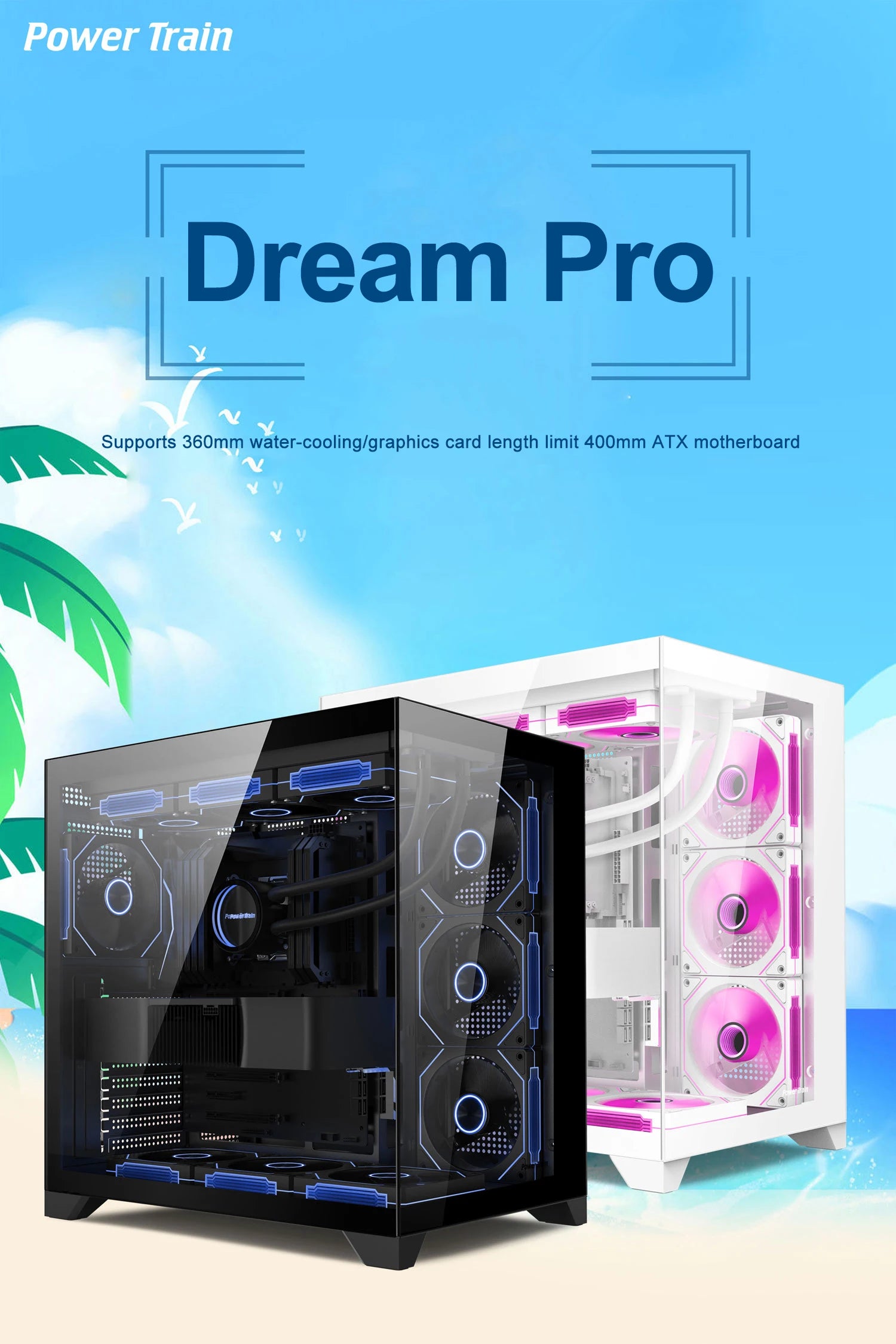 Power Train Dream PRO Seaview Room Chassis ATX Desktop MATX Glass Side Transparent 360 Water Cooled Game Console Computer Case.