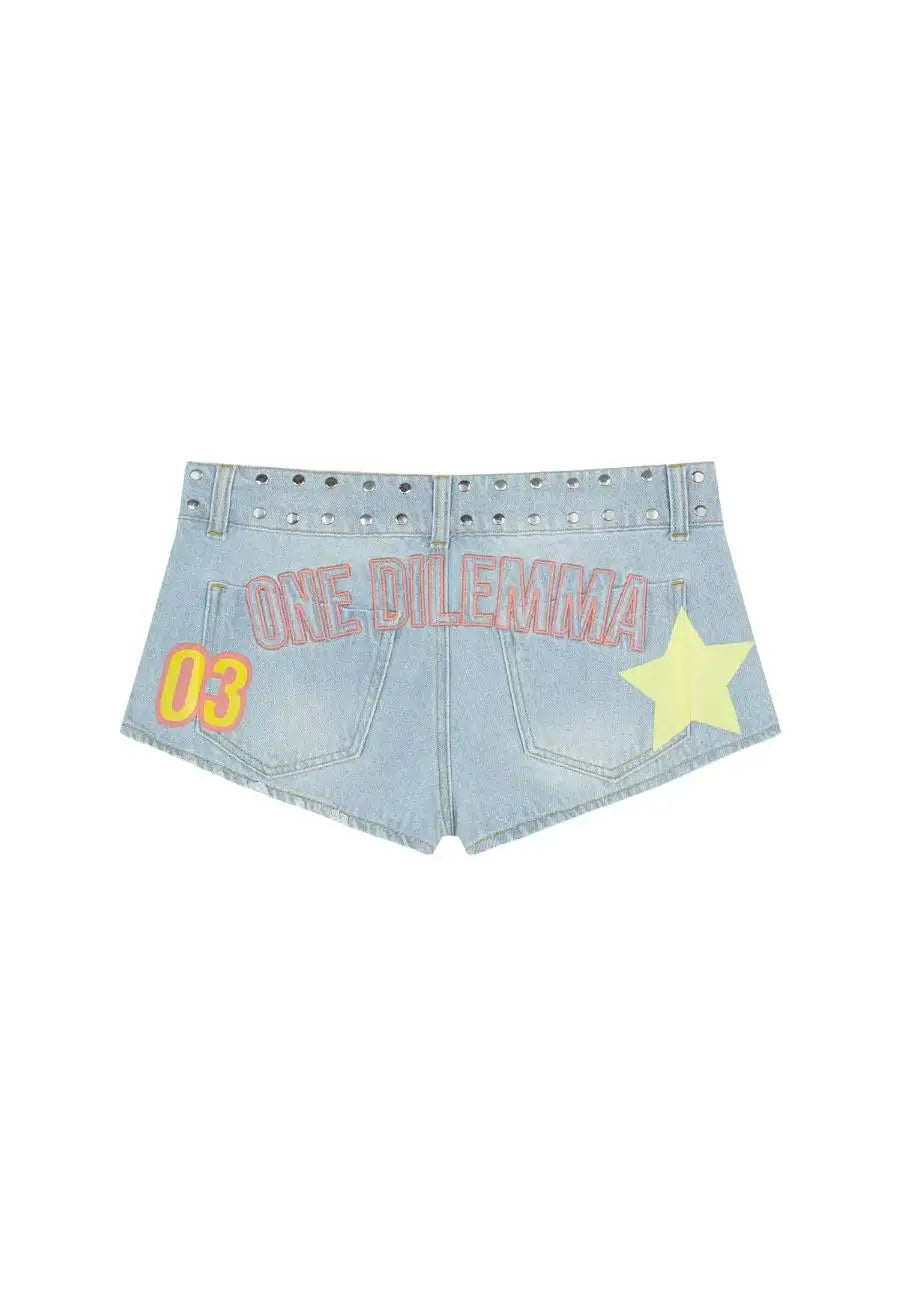 ONE DILEMMA Fashion Printing Shorts Harajuku Y2K Women's clothing Hot Girl Sexy Washed Denim Shorts Low Waist Mini Skirts.