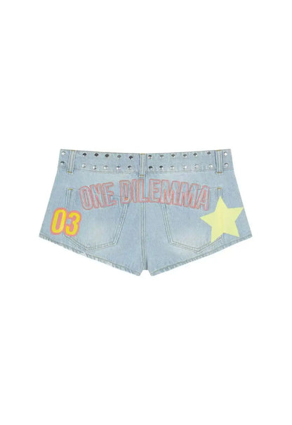 ONE DILEMMA Fashion Printing Shorts Harajuku Y2K Women's clothing Hot Girl Sexy Washed Denim Shorts Low Waist Mini Skirts.