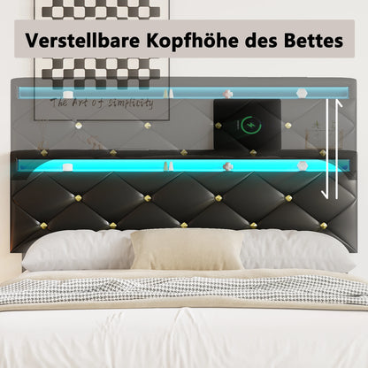 Anajqaqia 160 x 200 cm PU-Schwebebett mit verstellbarer Kopfteilhöhe + LED-Streifenbeleuchtung, Schwarz