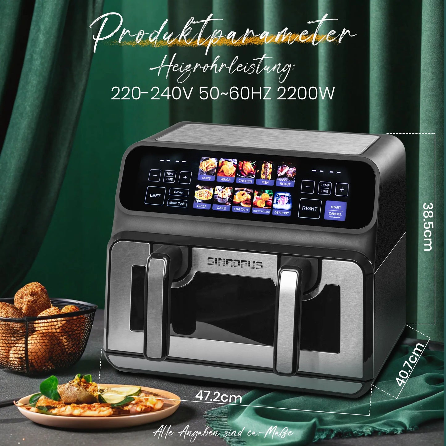 Sinaopus 2200W Hot Air Fryer Dual Basket 9 L XXL Multi-Function Air Fryer with LED Touch Screen Timable Auto Programmes.