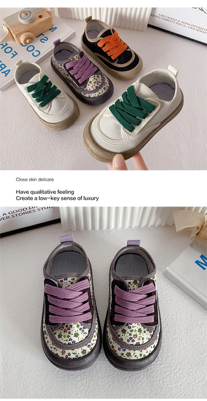 Children Fashion Versatile Soft Canvas Shoes Floral Print Casual Kids Shoes Drop Shipping Lace-up 2023 Spring New for Boys Flats.