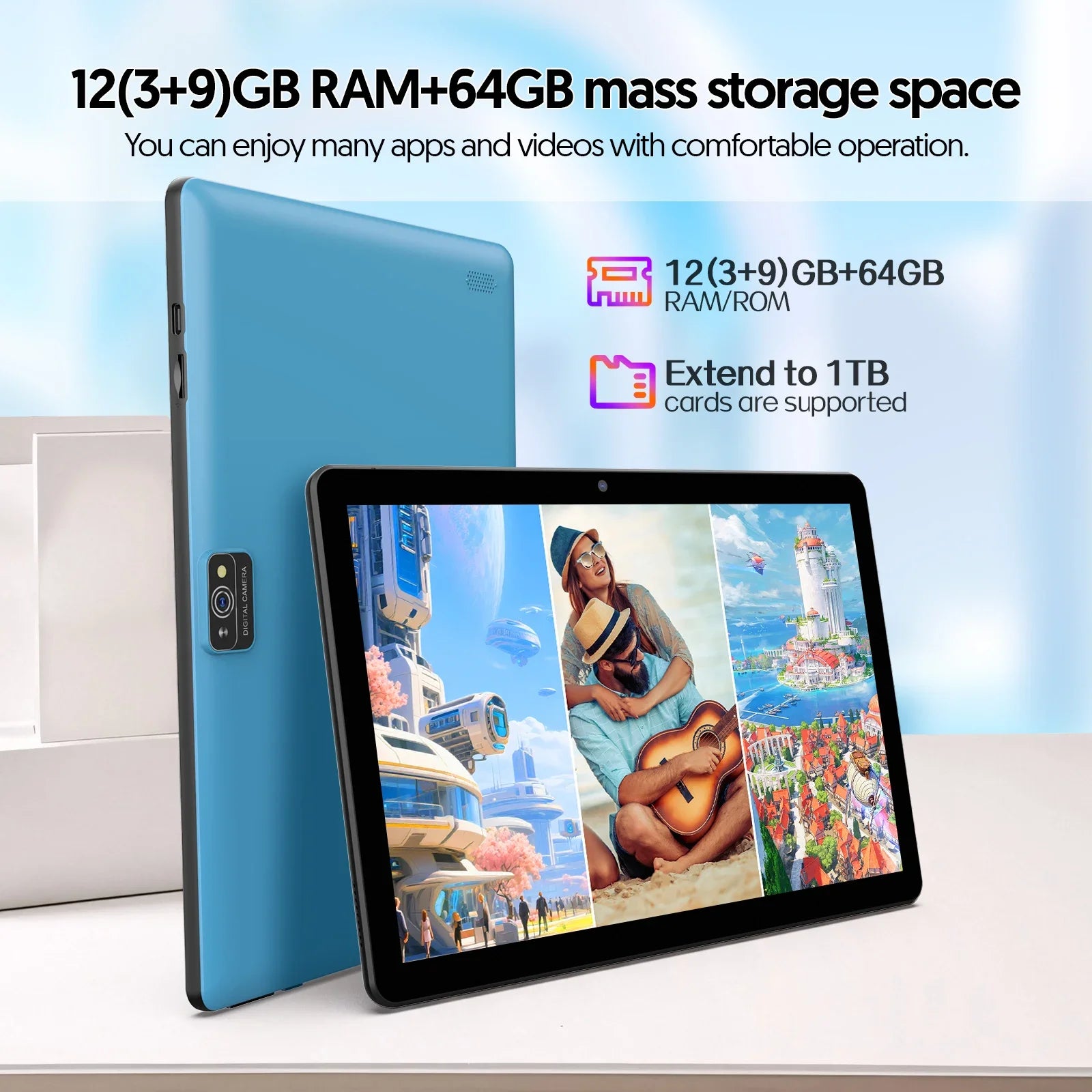 New BAKEN 10-inch Android 15 tablet with 64GB storage, keyboard, leather case, SIM card slot, stylus, mouse, and dual speakers.