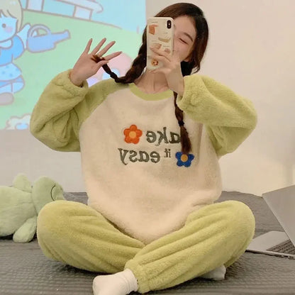 Verdickte warme Flanell-Damen-Nachtwäsche, Homewear für den Winter, O-Ausschnitt, Tops und Hosen, Nachtwäsche, Loungewear, zweiteiliges Set, Pyjamas.