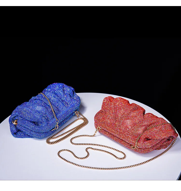 Premium Handmade Diamond-encrusted Clutch Bag Pleated Chain Rhinestone Cloud Clip Dinner Bag Single Shoulder Oblique Span Bolsos.