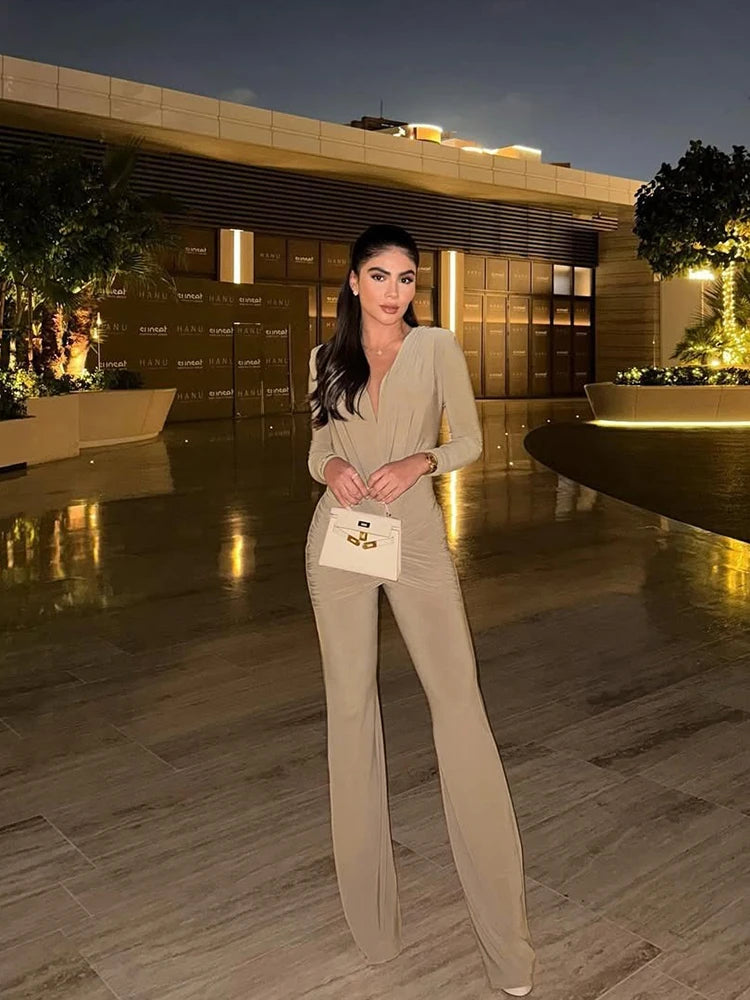 Weird Puss Cross Ruched Jumpsuit Women Patchwork Deep v-Neck Full Sleeve Elegant Skinny Stretch Workout Office Classic Overalls.