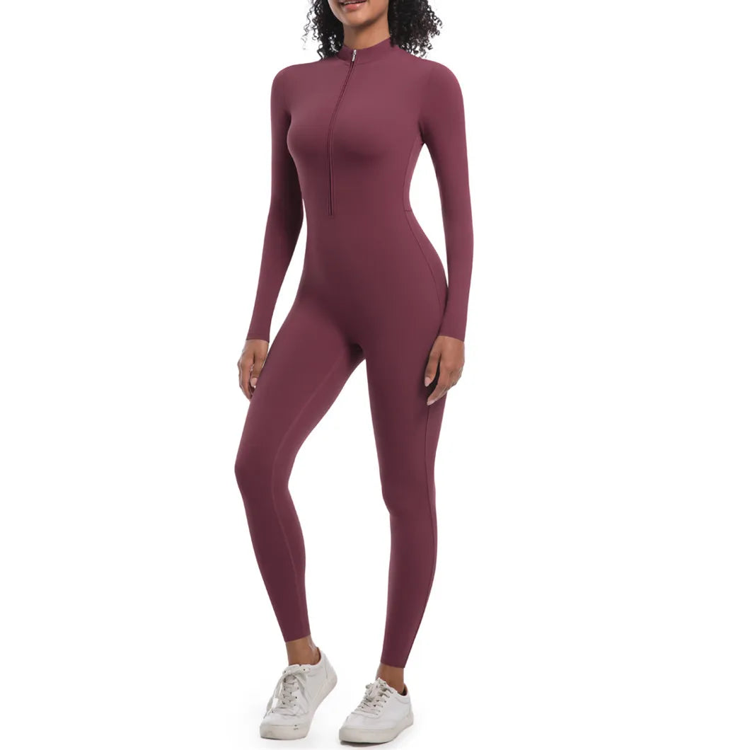 S-XL 2025 Nylon Zipper Long Sleeve Yoga Set Women One Piece Jumpsuit Fitness Gym Workout Pant Legging Running Romper Suit XP27.