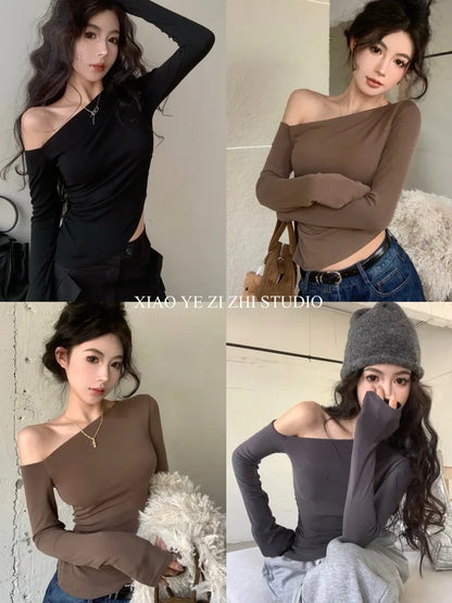 SexySpicy Girl Style Blackoff-the-Shoulder Long Sleeve T-shirt Slimming Smooths Your Silhouette Nefarious Crossbody Top For Wome.