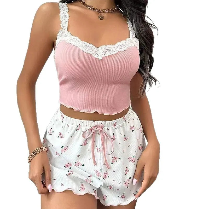 Frauen 2psc Pyjama Set Rosa Spitze Patchwork V-ausschnitt Nachtwäsche Sexy Nachthemden Anzug Cami Top Gedruckt Shorts Weiche Pyjamas Loungewear.