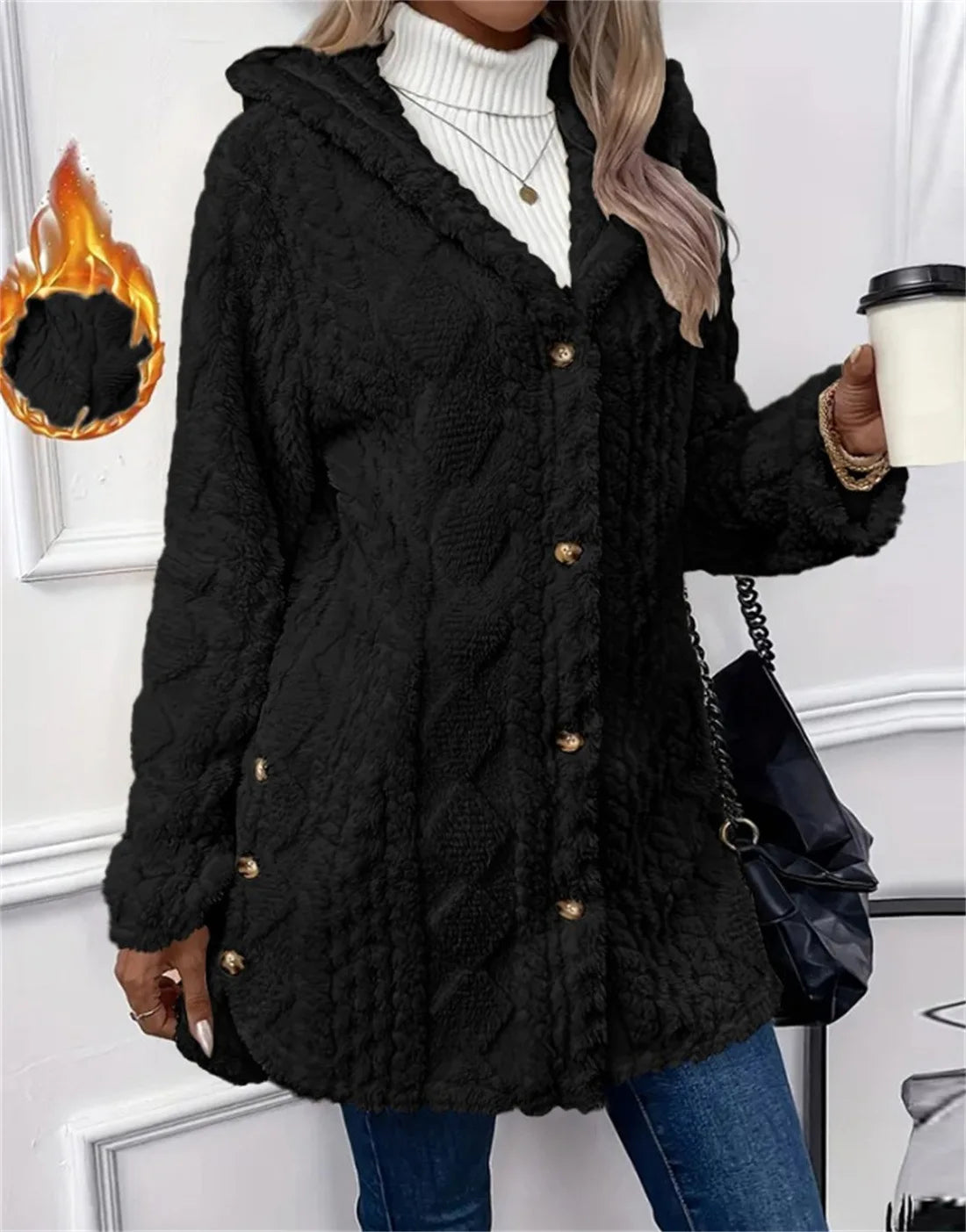 Women Cardigan Hoodie Jacket Autumn Winter Argyle Textured Pattern Hooded Irregular Hem Buttons Fleece Oversized Outerwear Coat