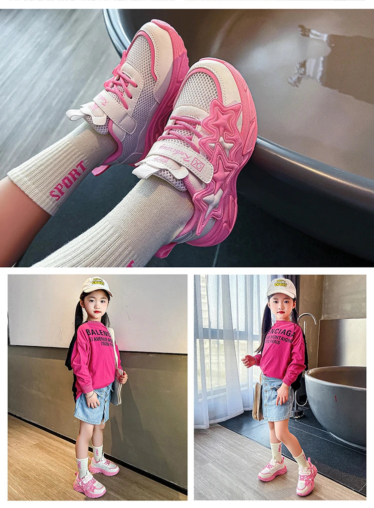 Children Casual Shoes for Girls Fashion Classic with Stars Girls Sports Running Sneakers Breathable PU + Rubber Anti-skid Soft.