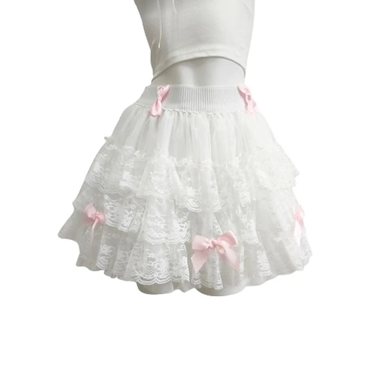 Multilayered Lace Skirts for Sweet Girls Summer Ribbons Bows Decoration Elastic Waist Lolita Style White Skirt Kawaii Clothes.