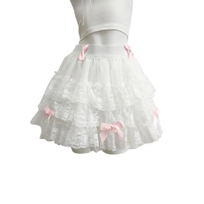 Multilayered Lace Skirts for Sweet Girls Summer Ribbons Bows Decoration Elastic Waist Lolita Style White Skirt Kawaii Clothes.