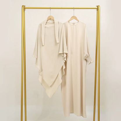 Two Piece Jilbab Prayer Set Abaya for Woman Batwing Hijab Dress Muslim Kimono Kaftan Robe Long Khimar Islam Cloth Jilbab Ramadan