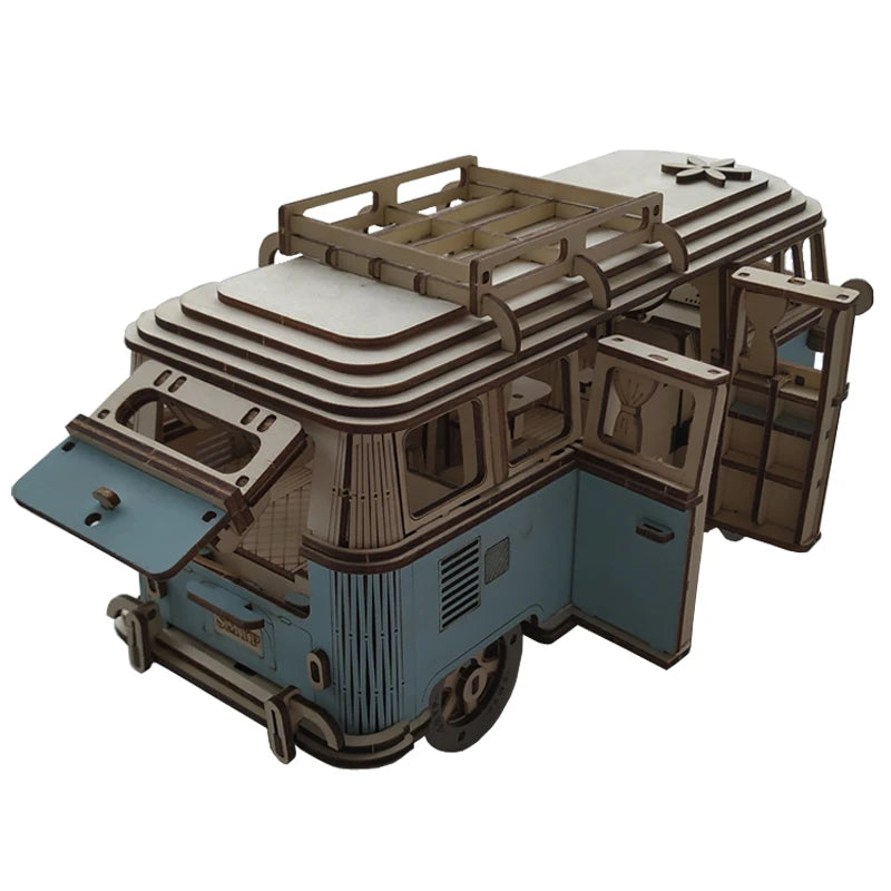 Retro Bus European-style Campervan 3D Wooden Car Puzzle DIY Sailing Ship Airplane Building House Model Jigsaw Toys For Children.