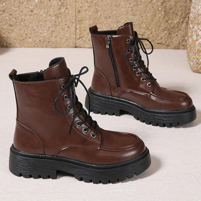 Women's Pu Leather Platform Ankle Boots Plus Size 35-42 Lace Up Motorcycle Boots Women Comfort Wide Leg Black Short Booties