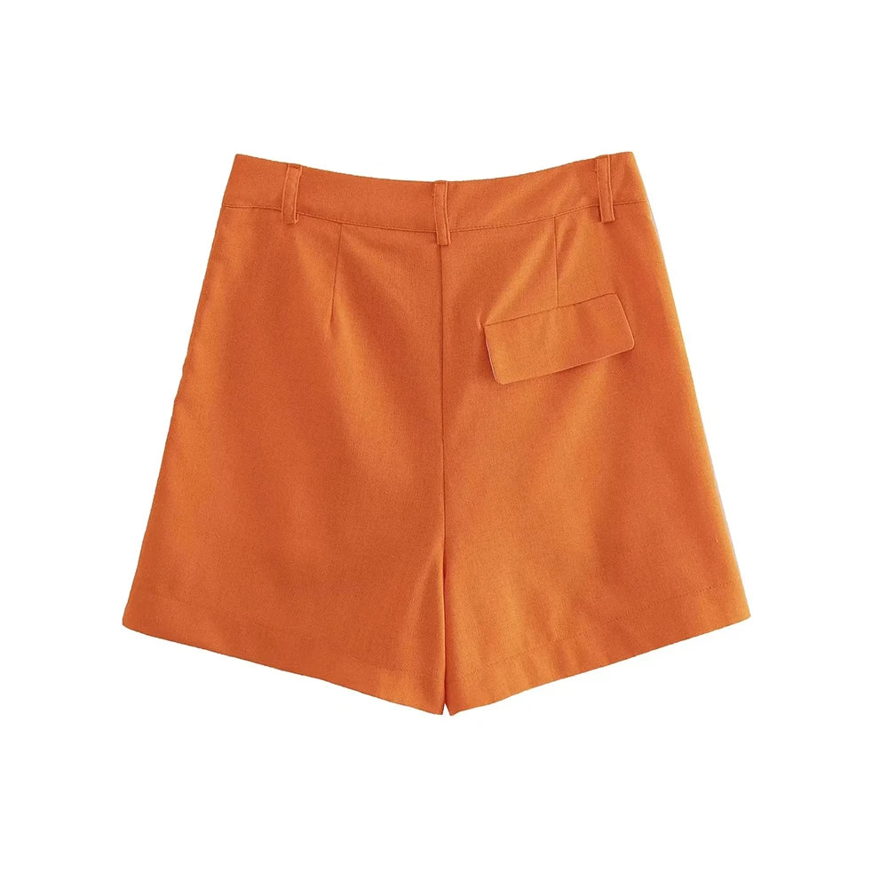 Women Fashion With Pockets Front Pleats Linen Blend Shorts Vintage High Waist Zipper Fly Female Short Pants Mujer.