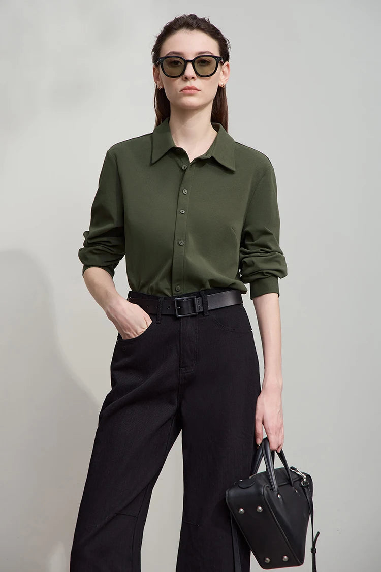 AMII Office Lady Shirt 2025 Autumn New Minimalism thick Long Sleeves Blouse Elastic Cotton Lapel Women's Clothing 12553079.